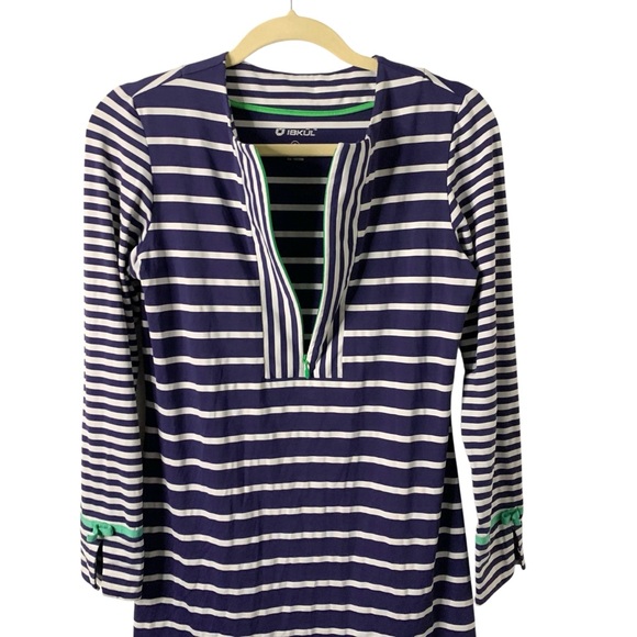 IBKUL Navy & White Long Sleeve UPF Sun Protection Quarter Zip Dress Green Trim - Picture 2 of 7